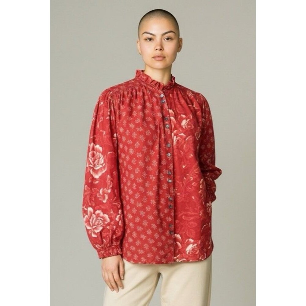 Womens Sundance Red Long Sleeve Floral Button Up Ruffle Neck Top Small feminine